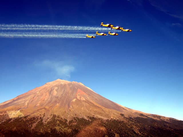 Team flying past Popocatepetl volcano, Mexico